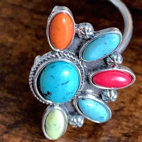 Desert Cluster Cuff Bracelet – Faux Turquoise, Coral & Spiny Oyster Stones - Picture 5 of 10